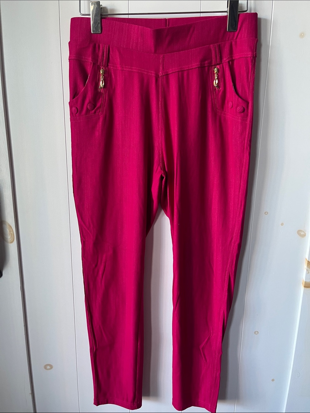 JVINI Hot Magenta Pink Slim Ponte Pants with Gold Zippers